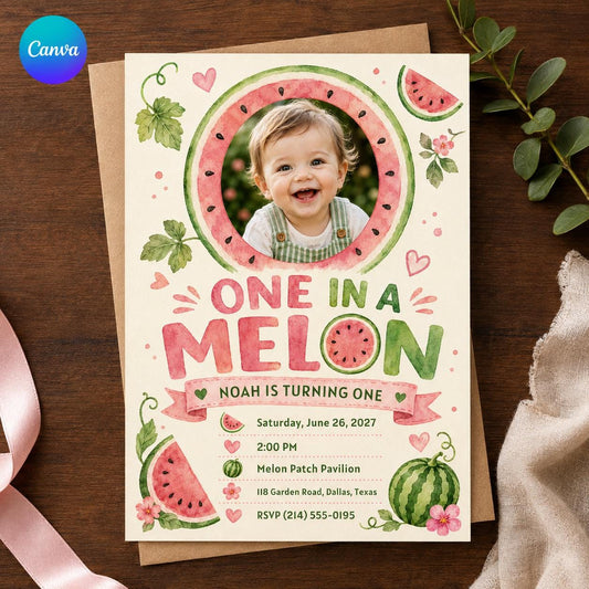 Pink and Green Melon First Birthday Invitation: Watermelon Summer Party Photo — editable Canva template
