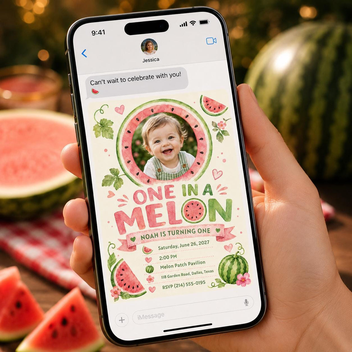 Pink and Green Melon First Birthday Invitation: Watermelon Summer Party Photo — invitation you personalize in Canva