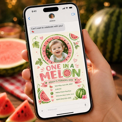 Pink and Green Melon First Birthday Invitation: Watermelon Summer Party Photo — invitation you personalize in Canva