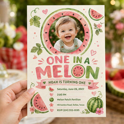 Pink and Green Melon First Birthday Invitation: Watermelon Summer Party Photo — print-ready first birthday design from VoltBy