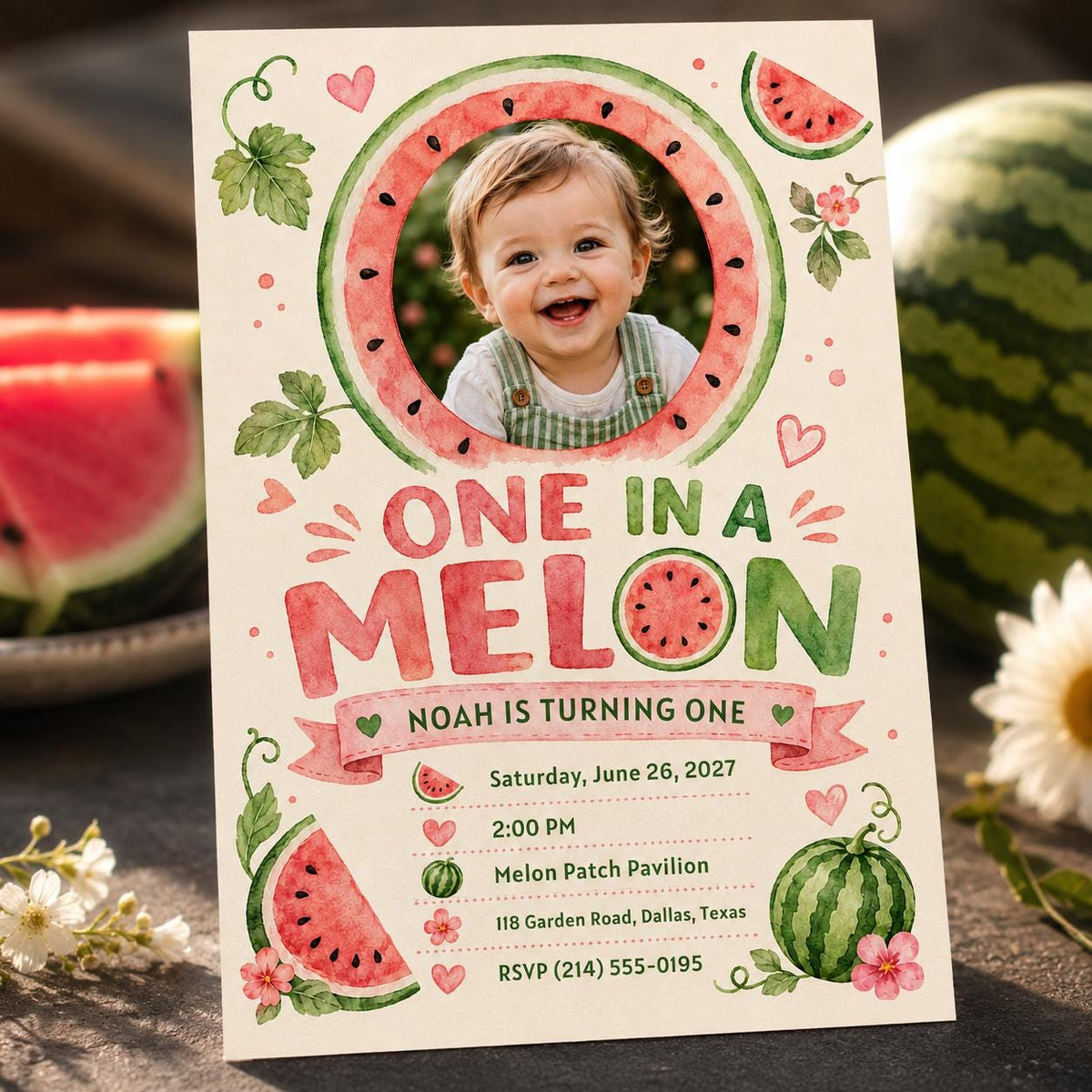 Pink and Green Melon First Birthday Invitation: Watermelon Summer Party Photo — first birthday stationery by VoltBy