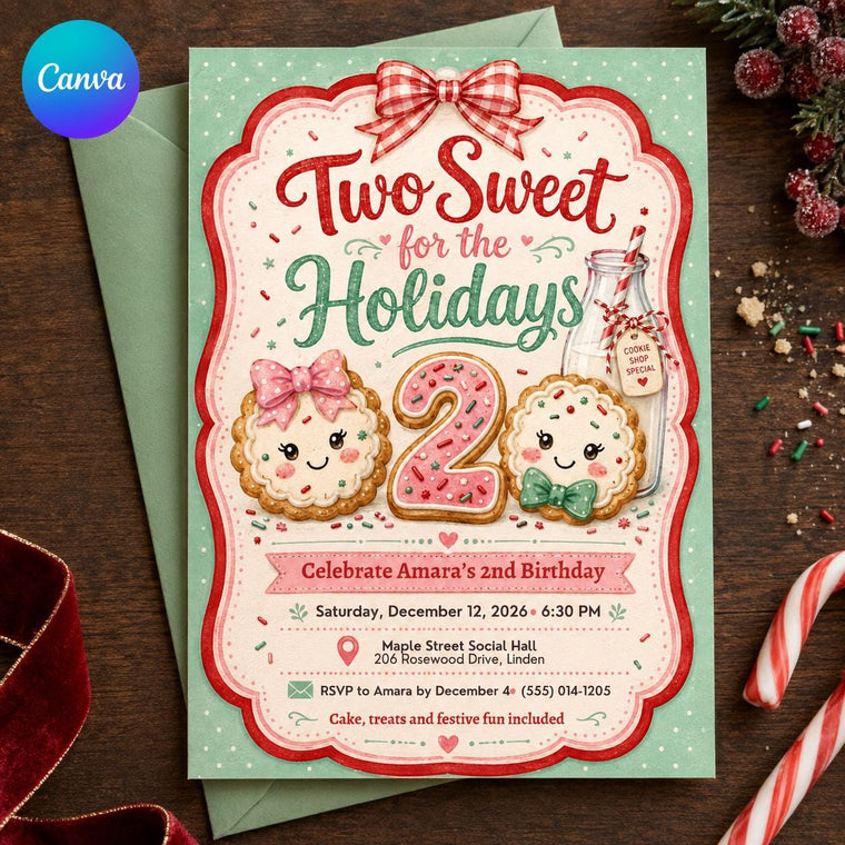 Pink and Green Two Sweet Christmas Birthday Invitation for Girls