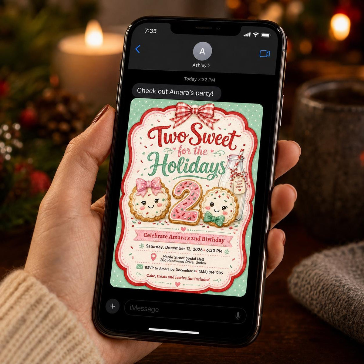 Pink and Green Two Sweet Christmas Birthday Invitation for Girls — cookie design