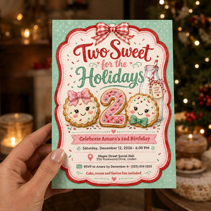 Pink and Green Two Sweet Christmas Birthday Invitation for Girls — invitation you personalize in Canva