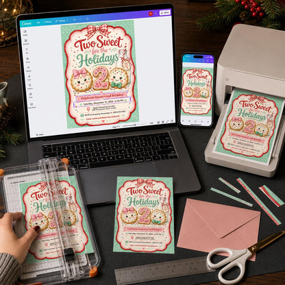 Pink and Green Two Sweet Christmas Birthday Invitation for Girls — print-ready 2nd birthday party design from VoltBy