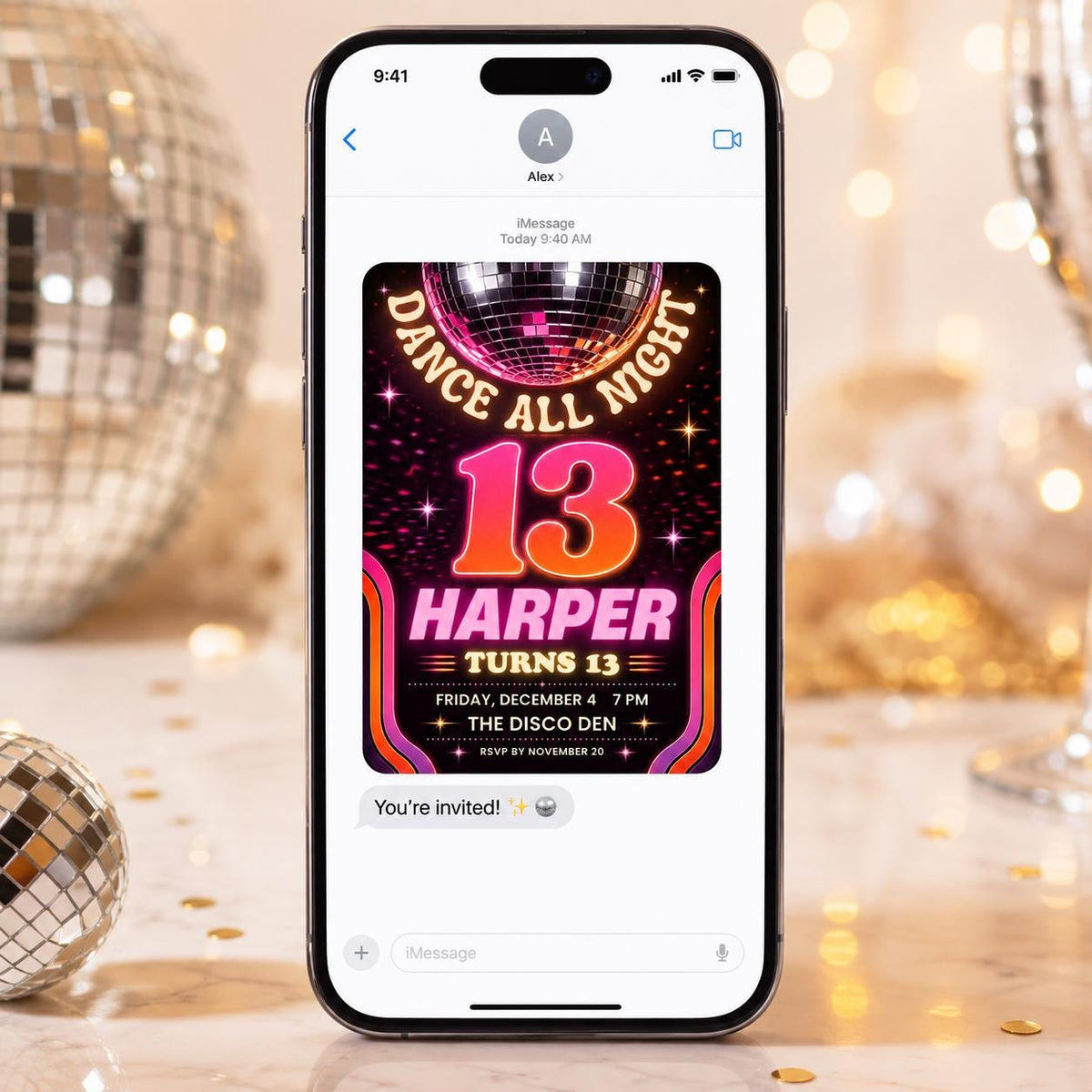 Pink and Orange Disco 13th Birthday Invitation — dance ball design