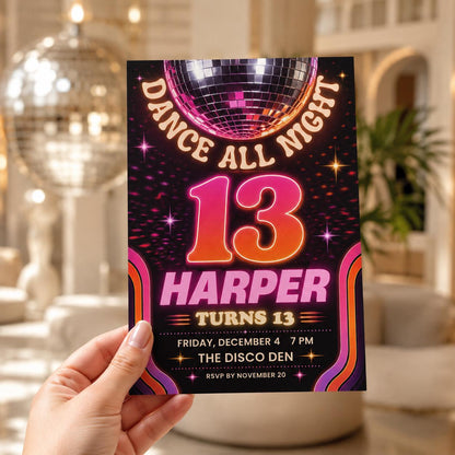 Pink and Orange Disco 13th Birthday Invitation — invitation you personalize in Canva