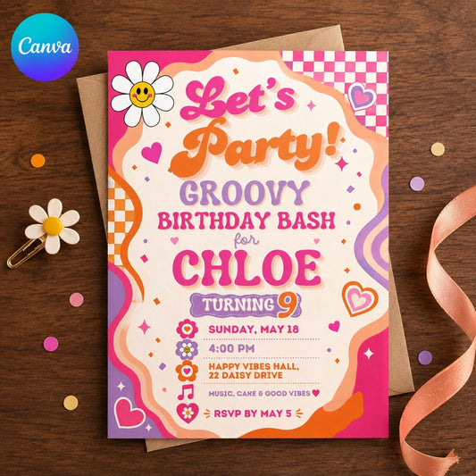 Pink and Orange Groovy Birthday Invitation for Girls — editable Canva template