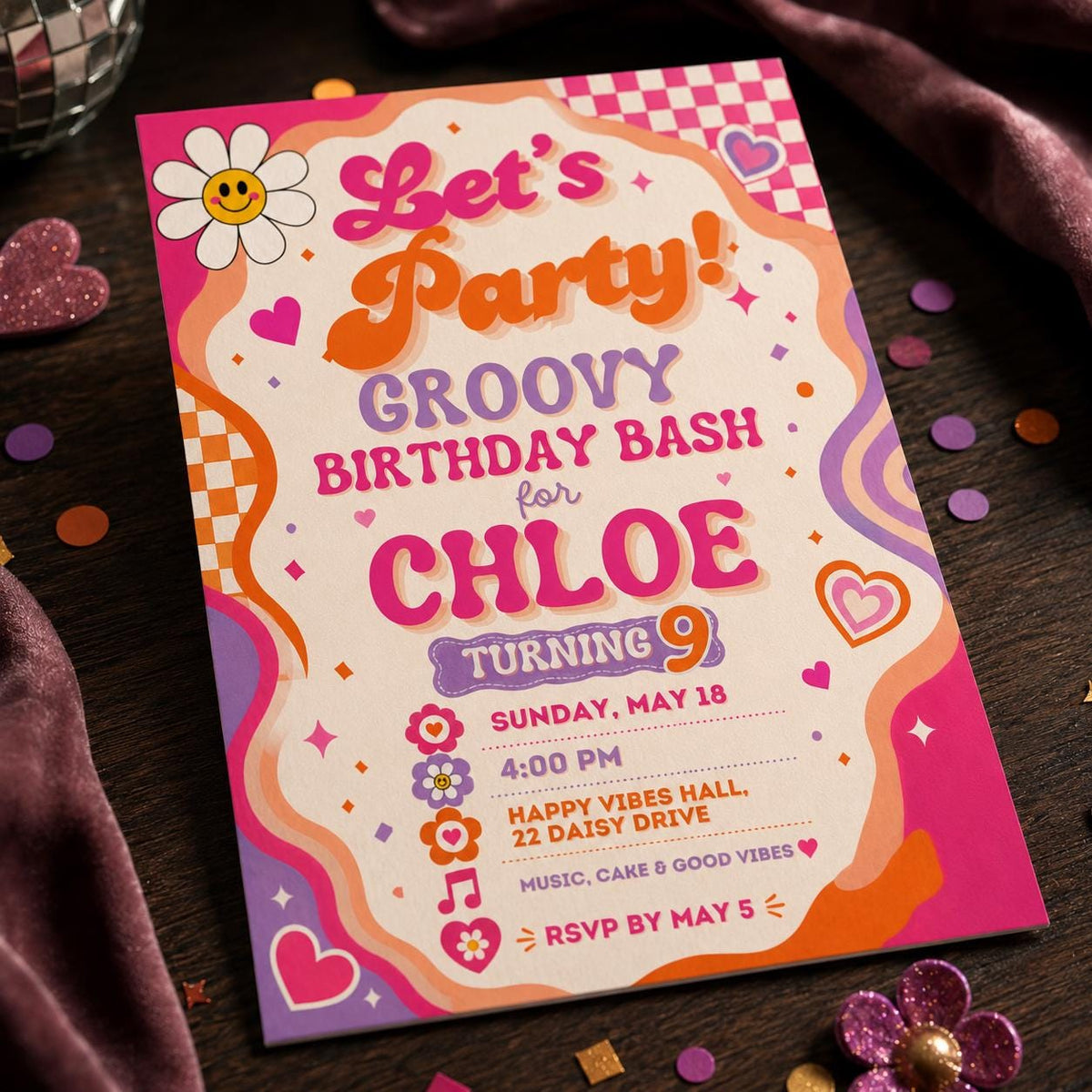 Pink and Orange Groovy Birthday Invitation for Girls — invitation you personalize in Canva