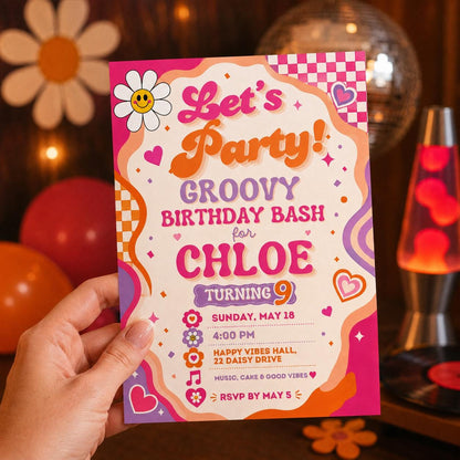 Pink and Orange Groovy Birthday Invitation for Girls — print-ready birthday party design from VoltBy