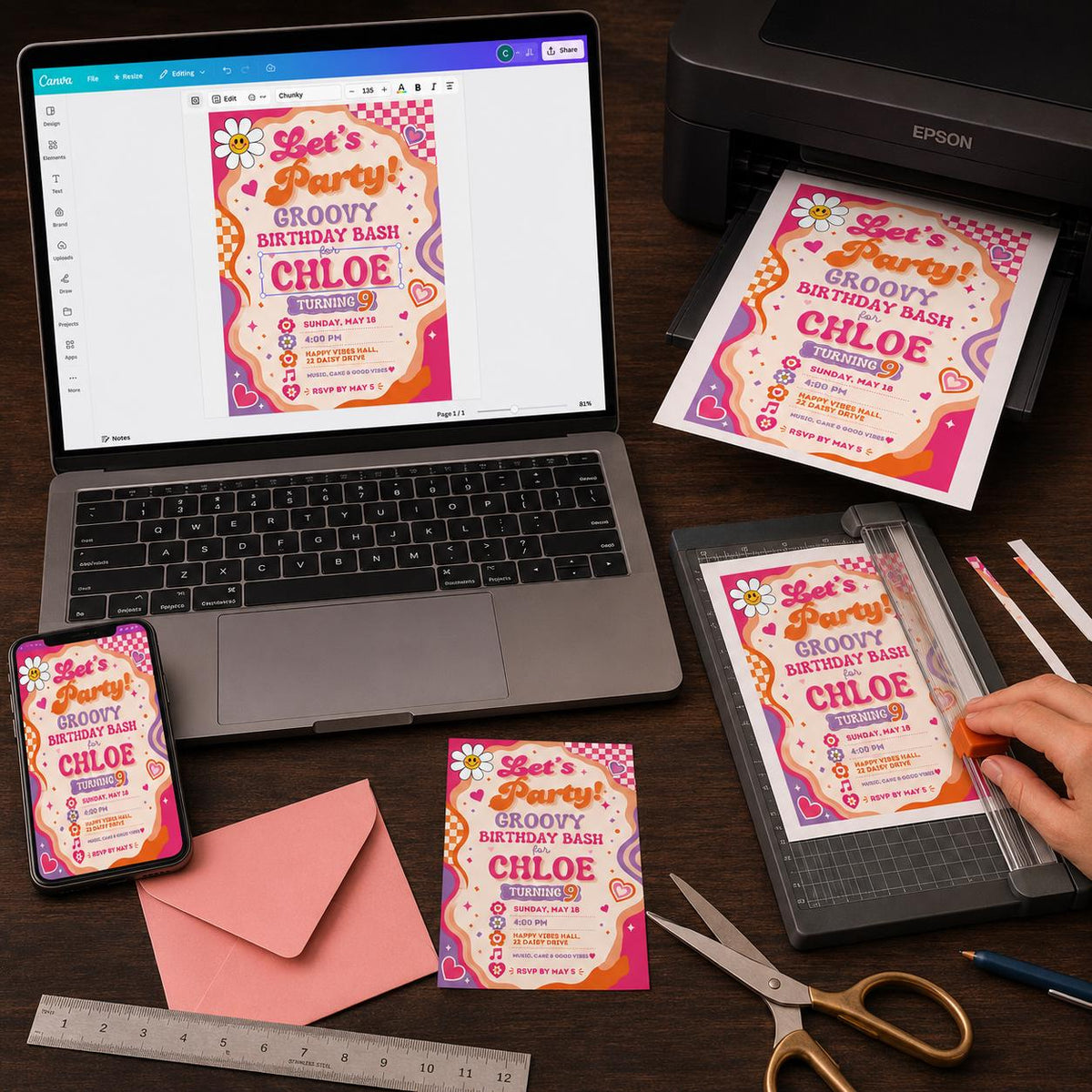 Pink and Orange Groovy Birthday Invitation for Girls — digital invitation, instant download