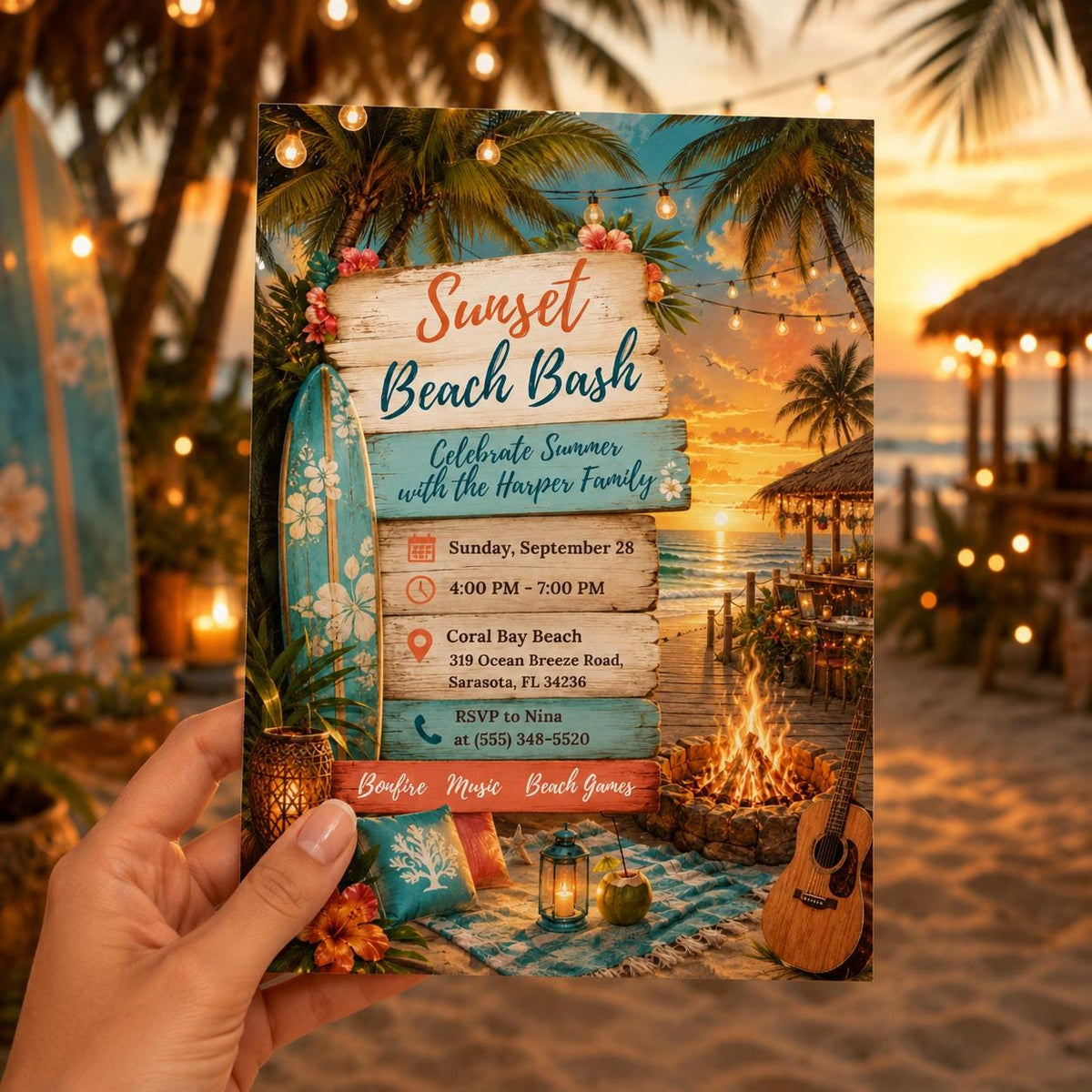 Pink and Orange Sunset Beach Bash Invitation — tropical design