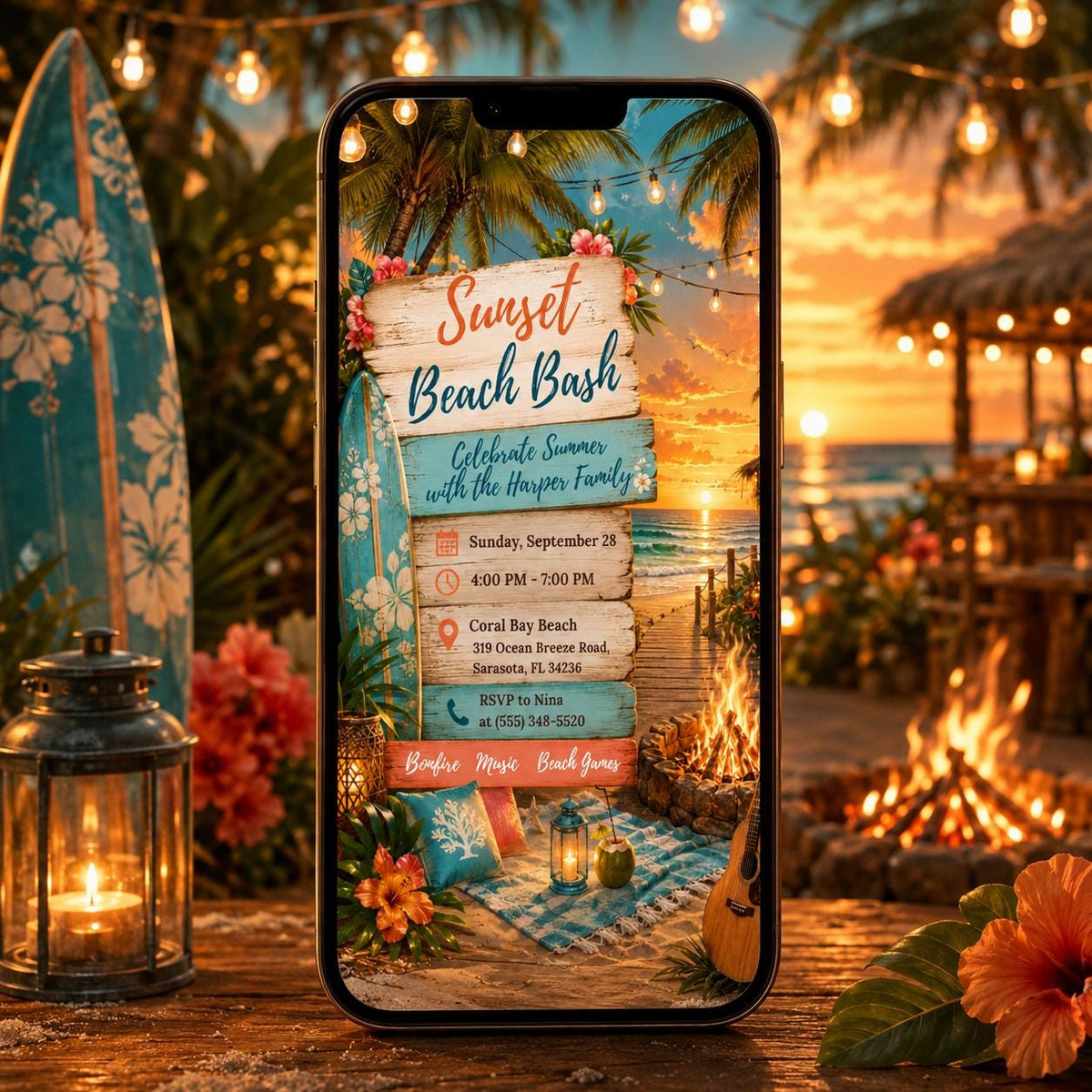 Pink and Orange Sunset Beach Bash Invitation — invitation you personalize in Canva