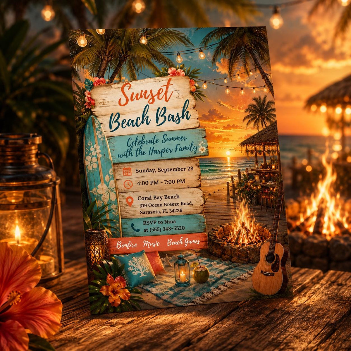 Pink and Orange Sunset Beach Bash Invitation — disco birthday party design