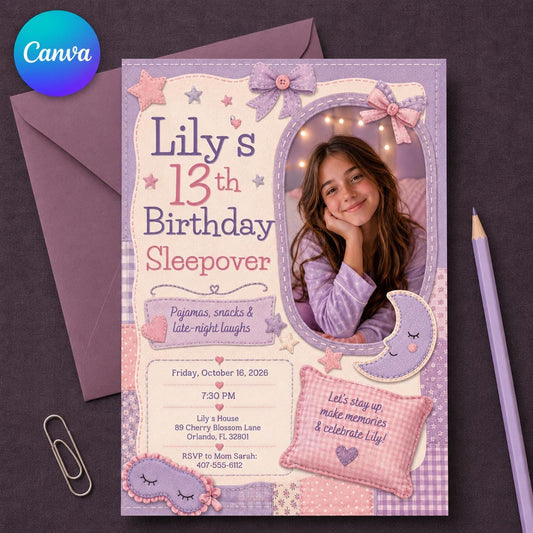 Pink and Purple 13th Birthday Sleepover Invitation for Girls — editable Canva template