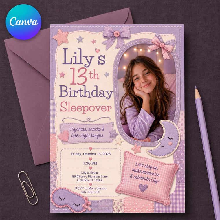 Pink and Purple 13th Birthday Sleepover Invitation for Girls