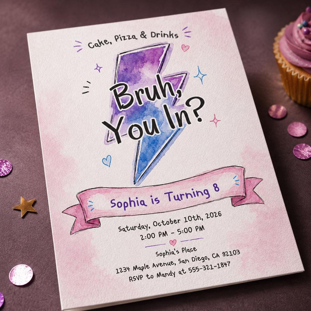 Pink and Purple Bruh 8th Birthday Invitation for Girls — invitation you personalize in Canva