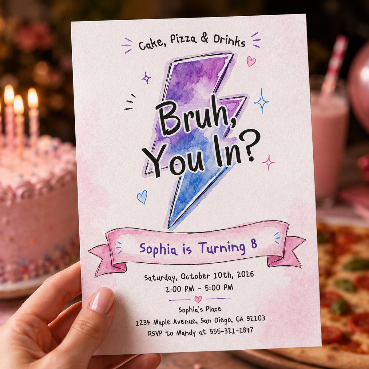 Pink and Purple Bruh 8th Birthday Invitation for Girls — modern 8th birthday party design