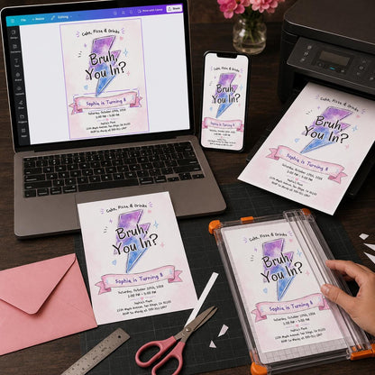 Pink and Purple Bruh 8th Birthday Invitation for Girls — print-ready 8th birthday party design from VoltBy