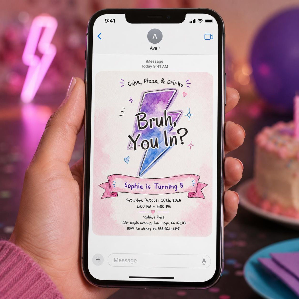 Pink and Purple Bruh 8th Birthday Invitation for Girls — digital invitation, instant download