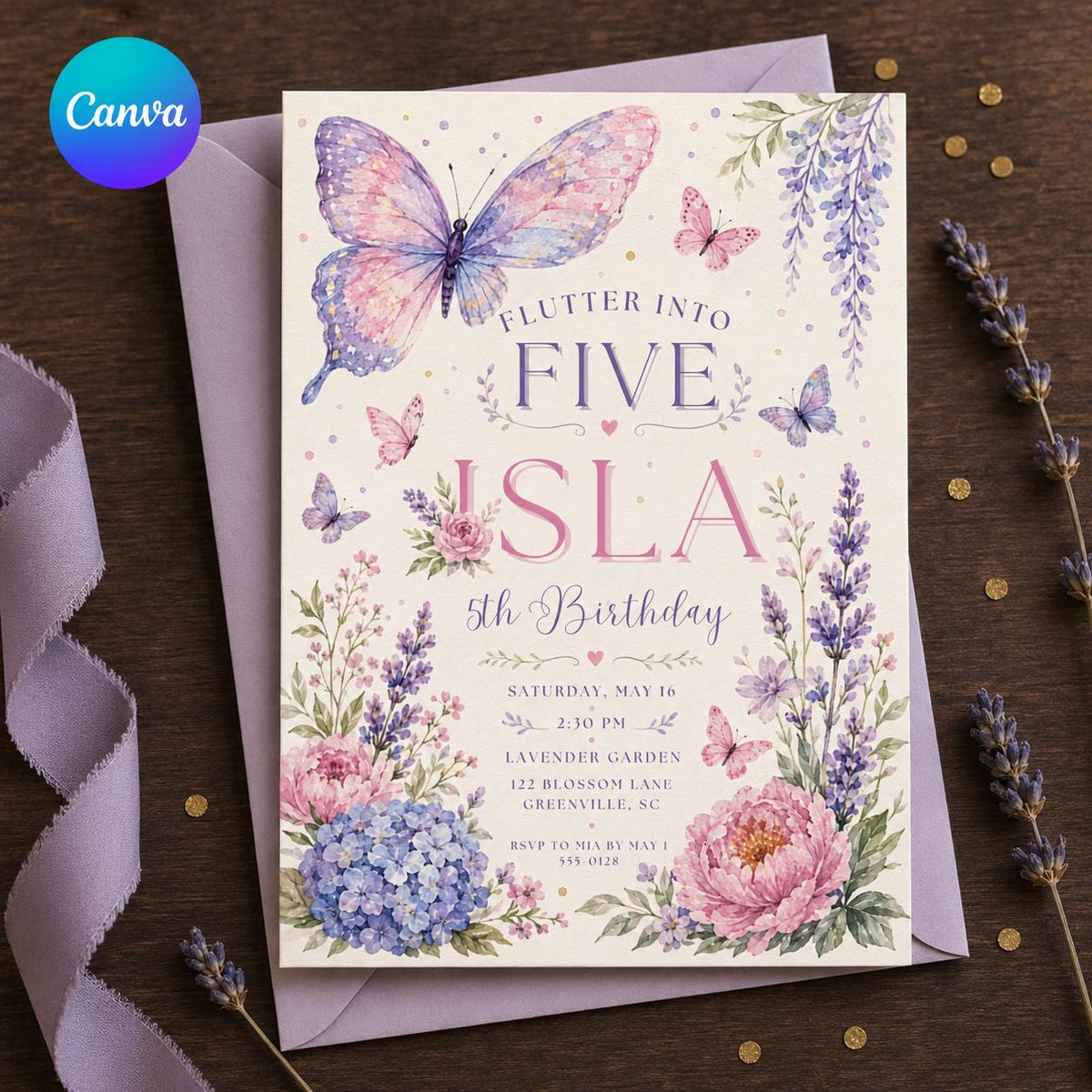 Pink and Purple Butterfly 5th Birthday Invitation — editable Canva template