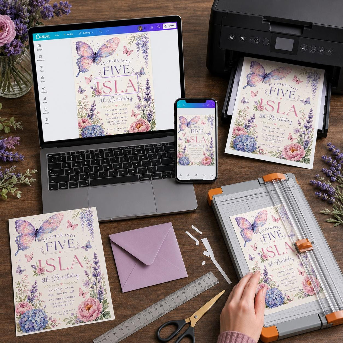 Pink and Purple Butterfly 5th Birthday Invitation — floral 5th birthday party design