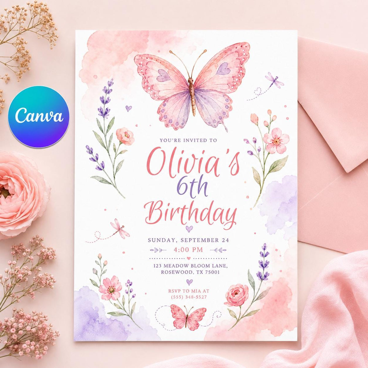 Pink and Purple Butterfly 6th Birthday Invitation for Girls — editable Canva template