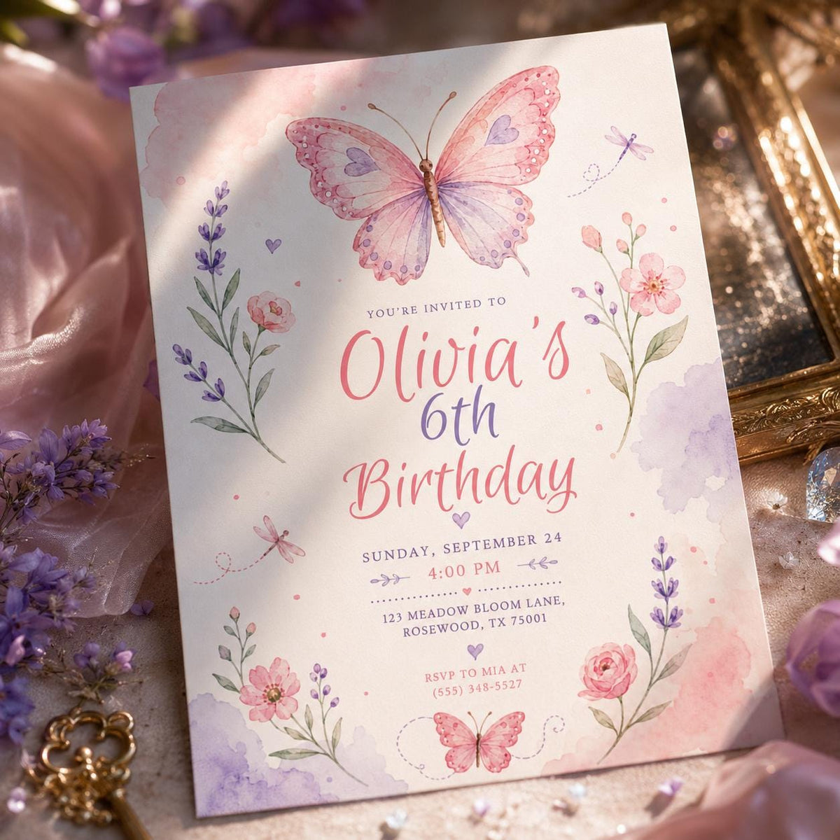 Pink and Purple Butterfly 6th Birthday Invitation for Girls — floral design