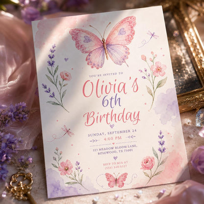 Pink and Purple Butterfly 6th Birthday Invitation for Girls — floral design
