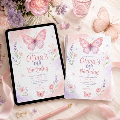 Pink and Purple Butterfly 6th Birthday Invitation for Girls — invitation you personalize in Canva