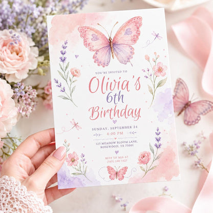 Pink and Purple Butterfly 6th Birthday Invitation for Girls — floral 6th birthday party design