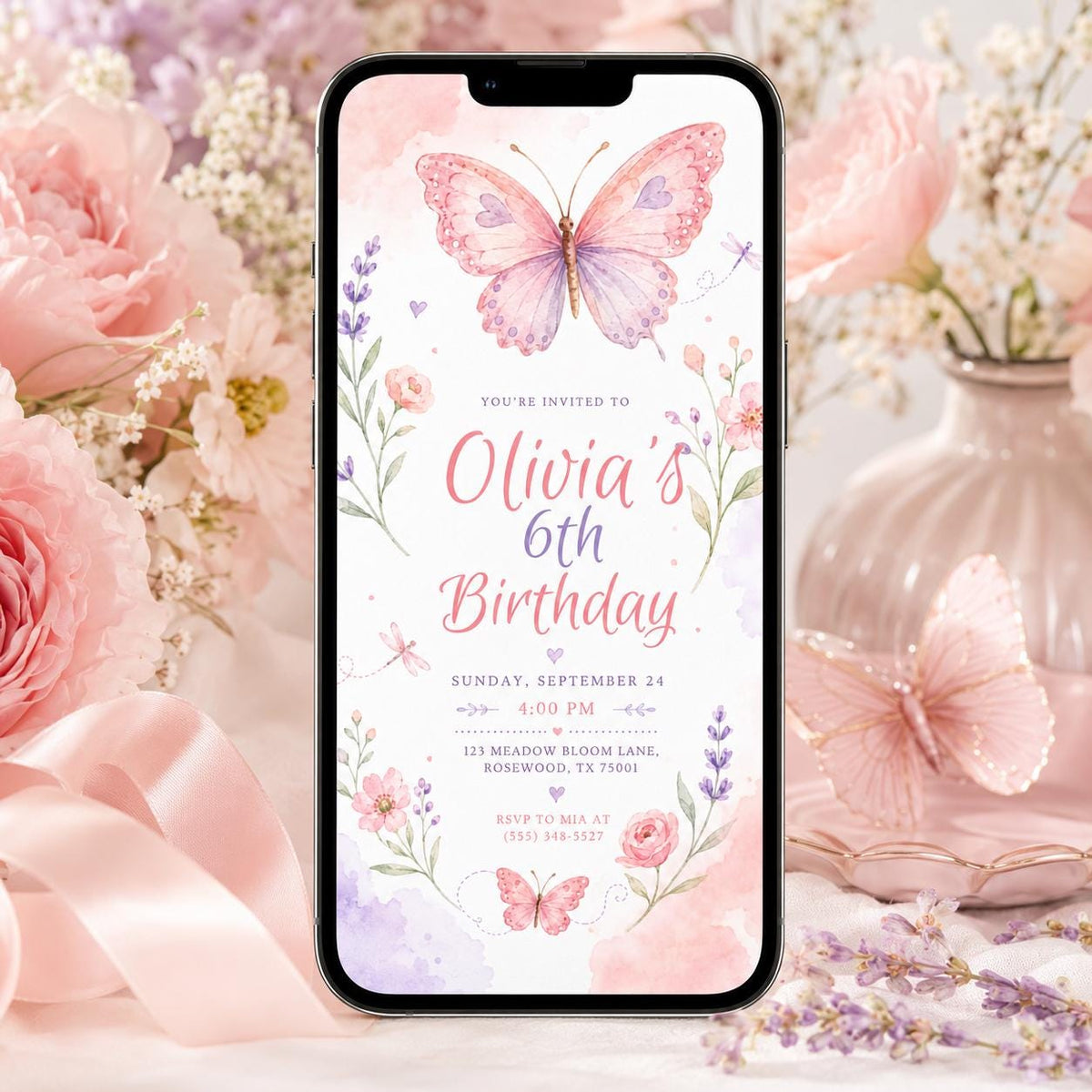 Pink and Purple Butterfly 6th Birthday Invitation for Girls — print-ready 6th birthday party design from VoltBy