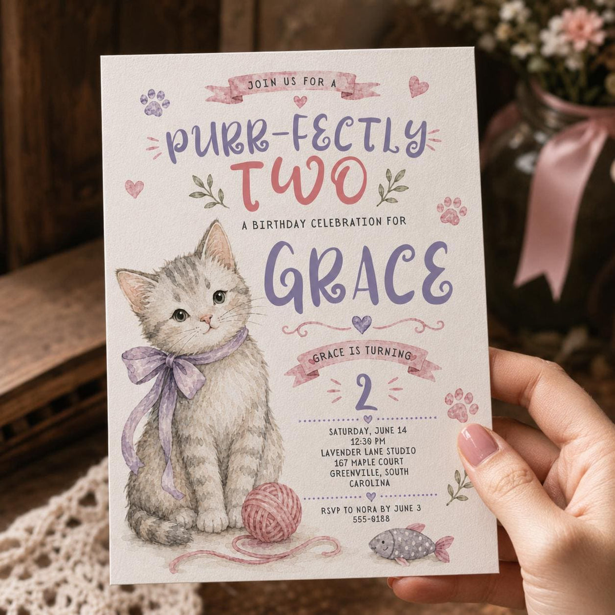 Pink and Purple Cat 2nd Birthday Invitation — watercolor 2nd birthday party design