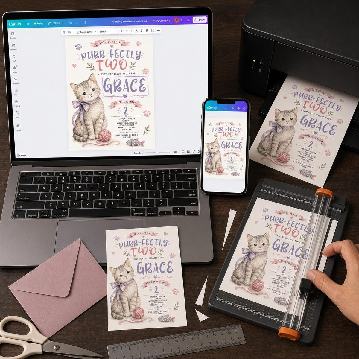 Pink and Purple Cat 2nd Birthday Invitation — print-ready 2nd birthday party design from VoltBy