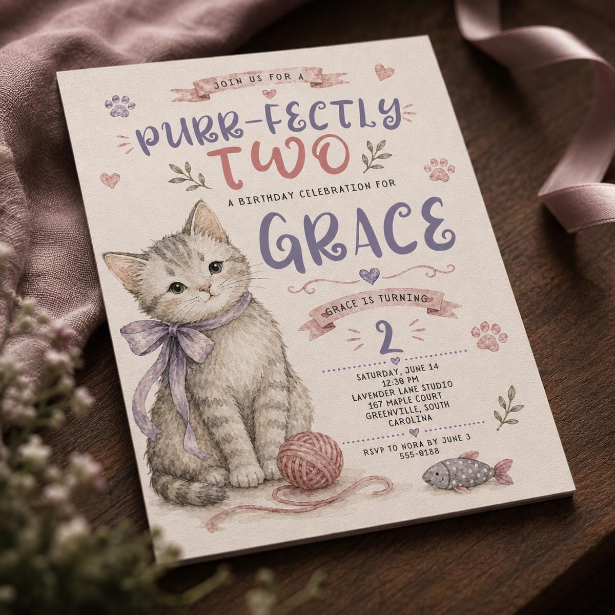Pink and Purple Cat 2nd Birthday Invitation — digital invitation, instant download