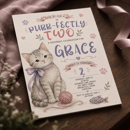 Pink and Purple Cat 2nd Birthday Invitation — digital invitation, instant download
