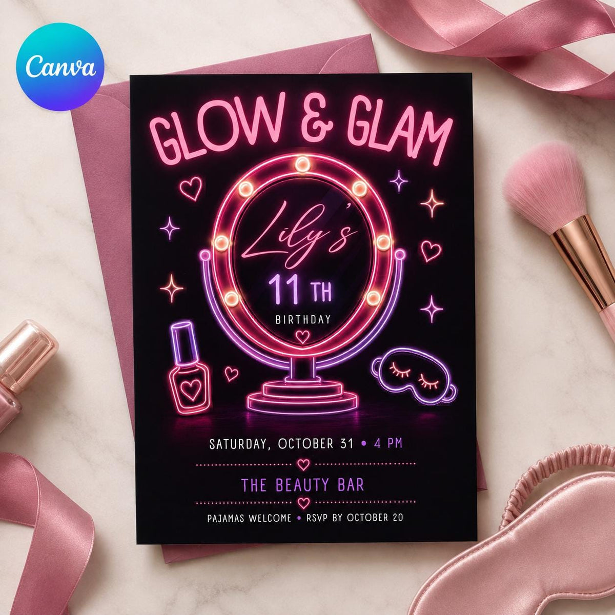 Pink and Purple Glow and Glam 11th Birthday Invitation for Girls — editable Canva template