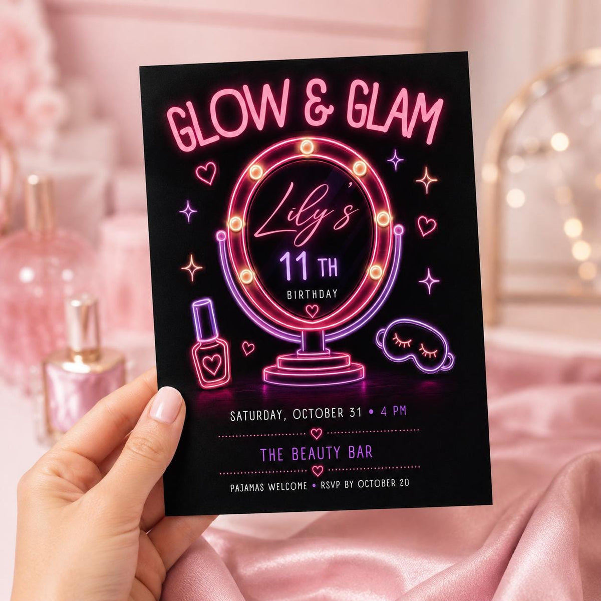 Pink and Purple Glow and Glam 11th Birthday Invitation for Girls — invitation you personalize in Canva