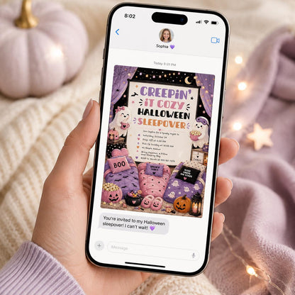 Pink and Purple Halloween Sleepover Invitation for Girls — invitation you personalize in Canva