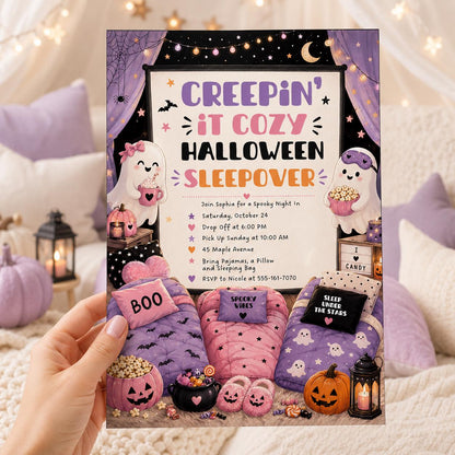 Pink and Purple Halloween Sleepover Invitation for Girls — print-ready Halloween party design from VoltBy