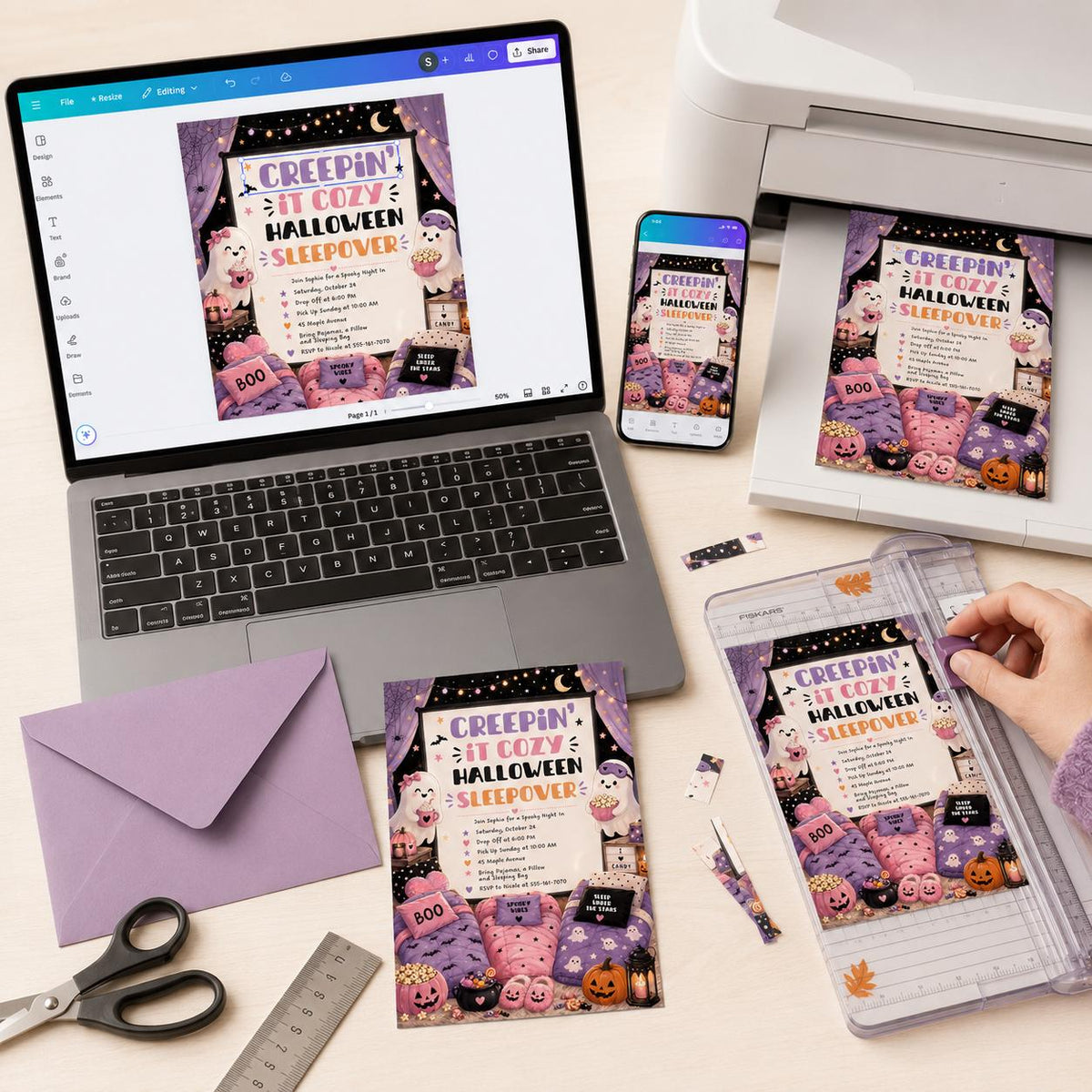 Pink and Purple Halloween Sleepover Invitation for Girls — digital invitation, instant download