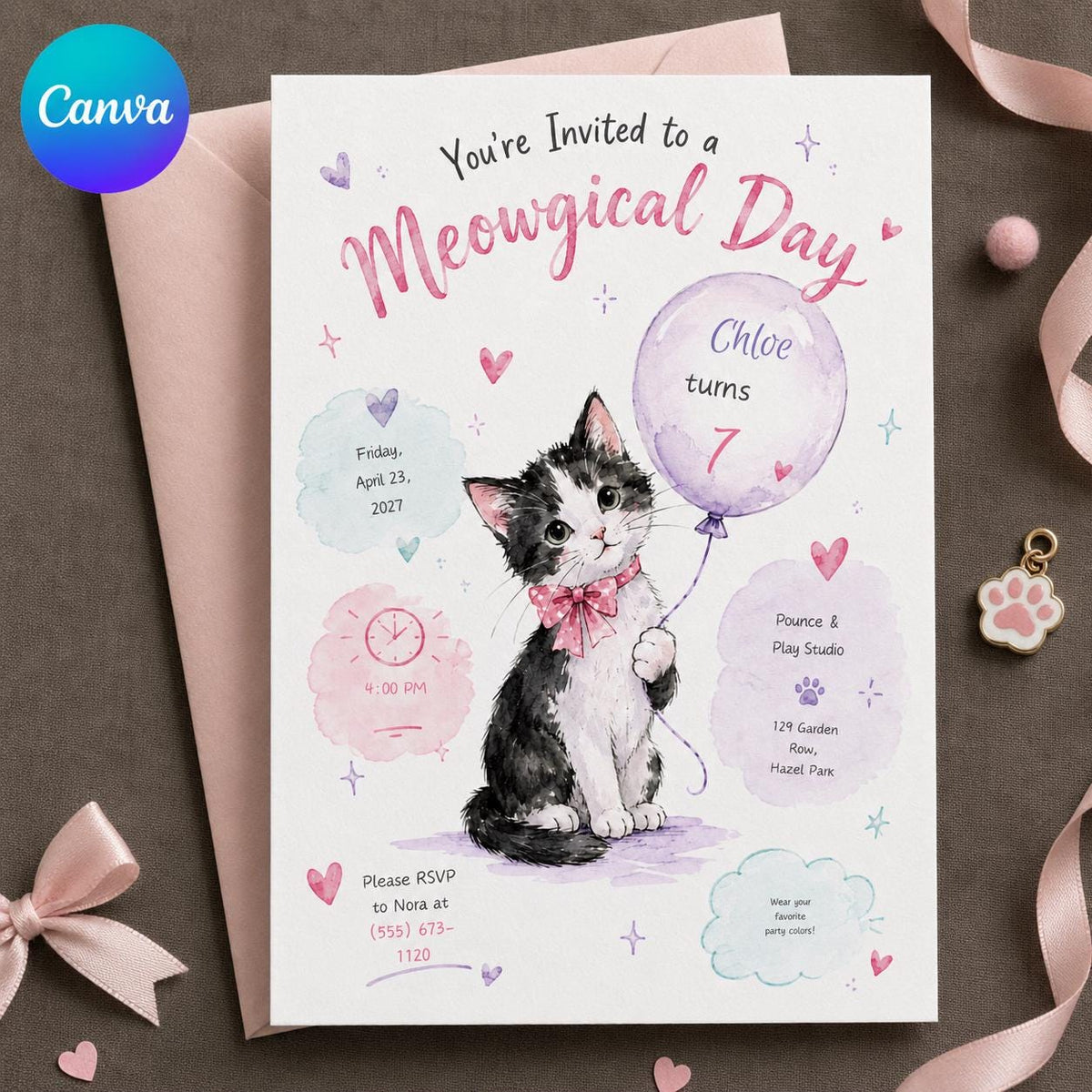 Pink and Purple Kitten 7th Birthday Invitation for Girls — editable Canva template