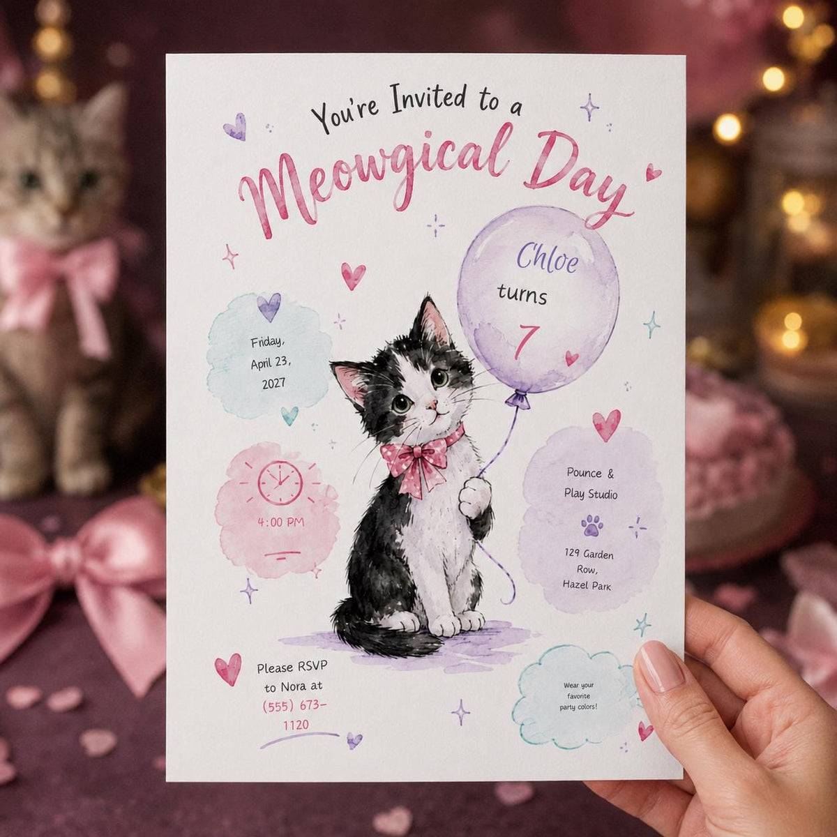 Pink and Purple Kitten 7th Birthday Invitation for Girls — cat magic design