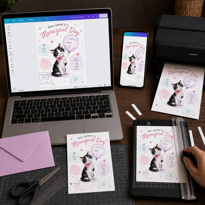 Pink and Purple Kitten 7th Birthday Invitation for Girls — invitation you personalize in Canva