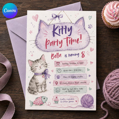Pink and Purple Kitty 8th Birthday Invitation for Girls — editable Canva template