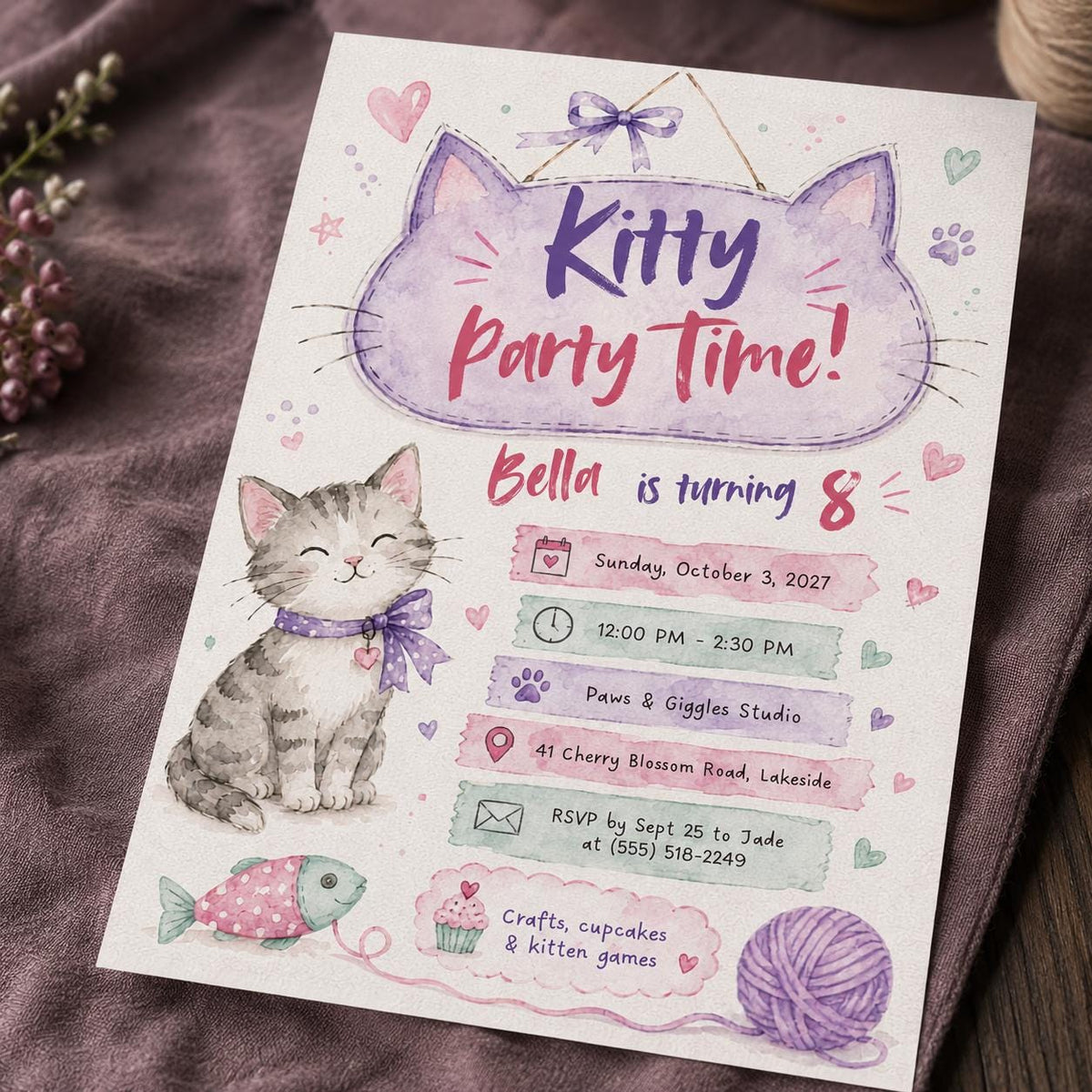 Pink and Purple Kitty 8th Birthday Invitation for Girls — invitation you personalize in Canva