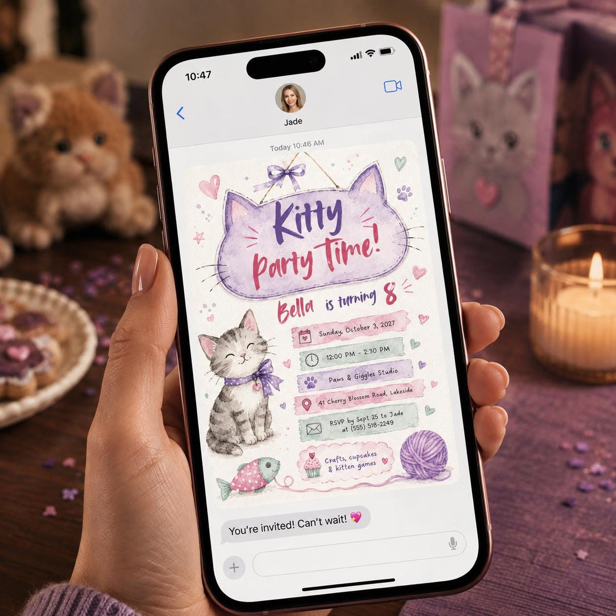 Pink and Purple Kitty 8th Birthday Invitation for Girls — print-ready 8th birthday party design from VoltBy