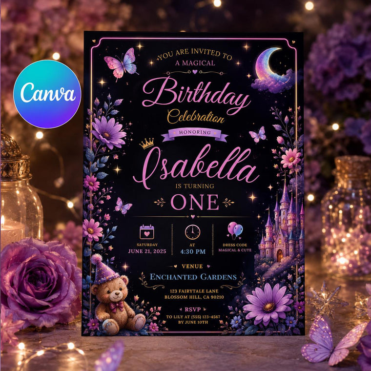 Pink and Purple Magical 1st Birthday Invitation for Girls