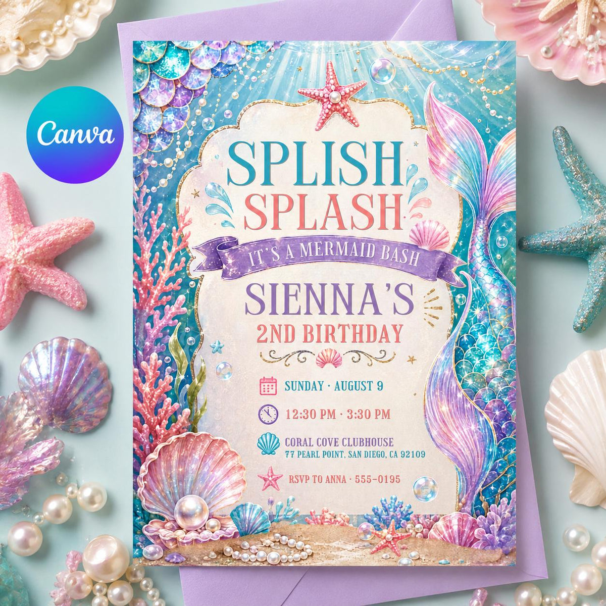 Pink and Purple Mermaid Bash Under the Sea Birthday Invitation — editable Canva template