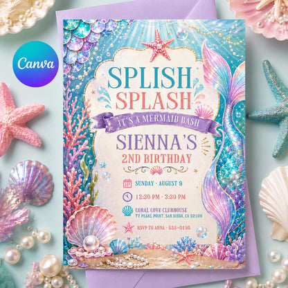 Pink and Purple Mermaid Bash Under the Sea Birthday Invitation — editable Canva template